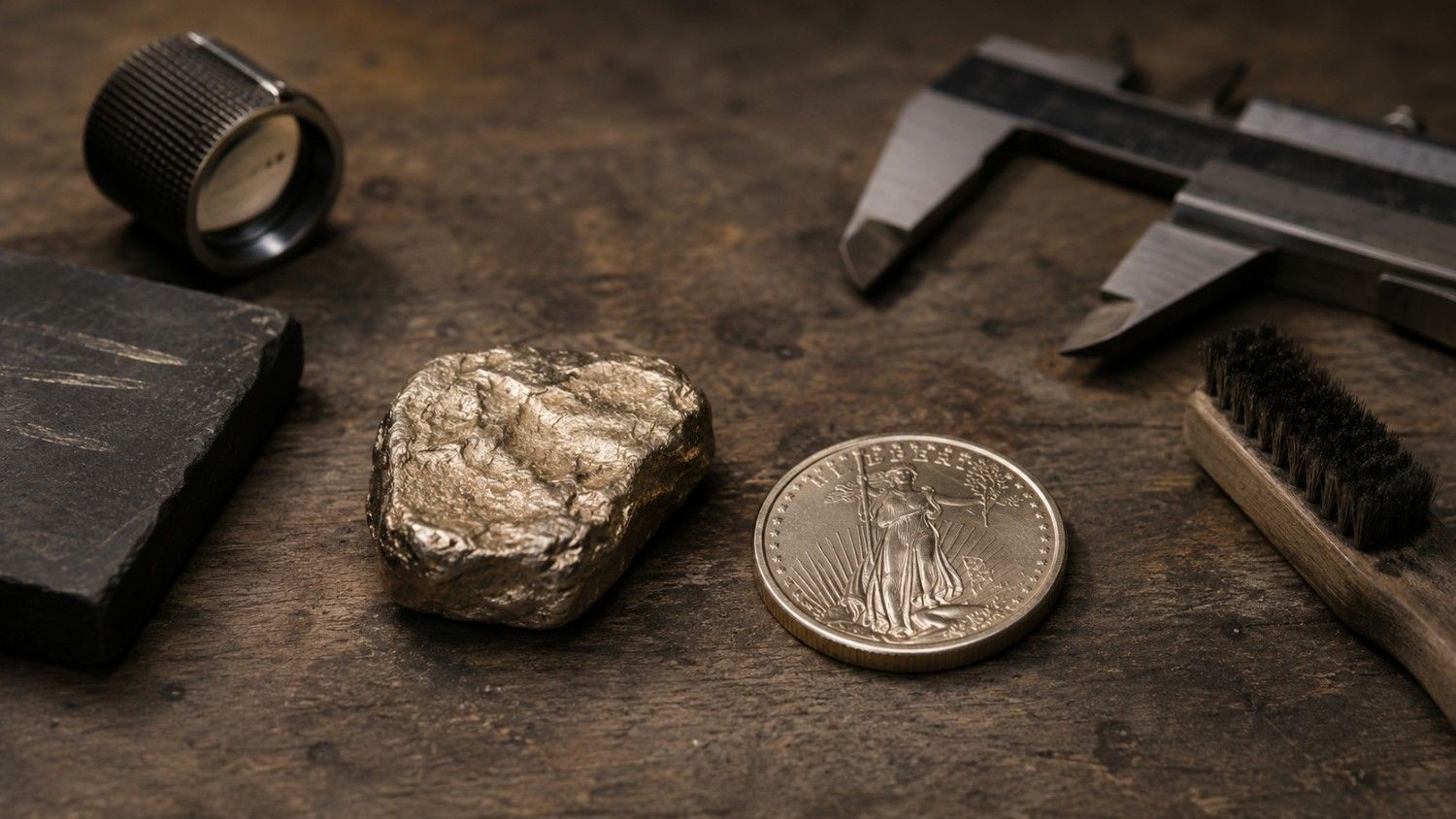 Raw gold nugget beside a finished gold coin on a refiner's workbench with calipers and a loupe, illustrating why gold and silver cost more than spot price through refining and minting costs.