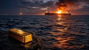 Oil tanker fire on the Red Sea at night, representing the Houthi attack on Saudi tankers that pushed Brent crude to a six-week high and drove the gold price lower on July 23, 2026.