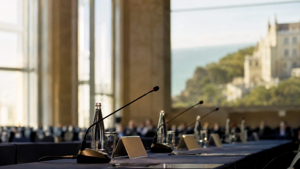 Empty conference microphones and name placards at a European central banking forum, with a coastal town in the background — why is gold up today amid Fed Chair Warsh's Sintra remarks