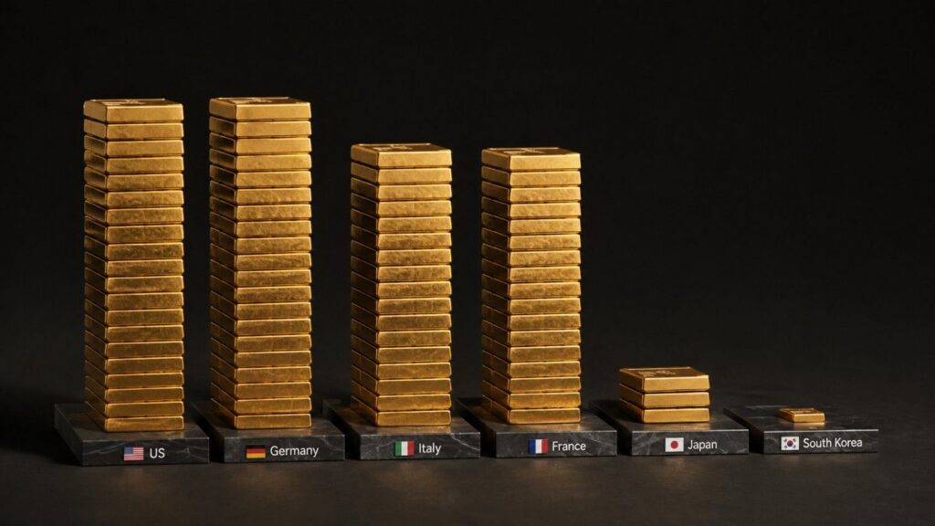 Bar chart made of stacked gold bars showing Bank of Korea gold reserves at 1.1% of foreign exchange reserves — far below the US, Germany, Italy, France, and Japan