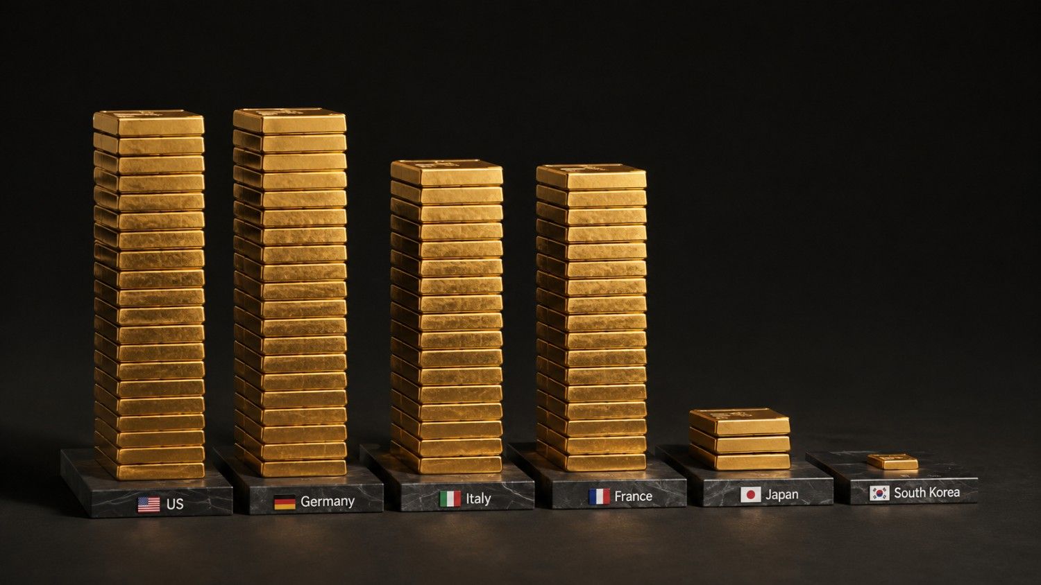 Bar chart made of stacked gold bars showing Bank of Korea gold reserves at 1.1% of foreign exchange reserves — far below the US, Germany, Italy, France, and Japan
