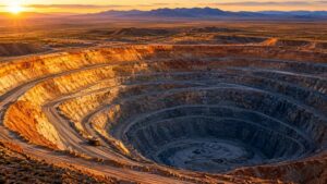 Aerial view of the Nevada Gold Mines open-pit complex at golden hour, showing terraced bench walls, a haul truck on the pit road, and the high desert plateau stretching to distant mountain ridges — illustrating the Barrick Newmont Nevada Gold Mines joint venture, the world's largest gold mining operation by annual output