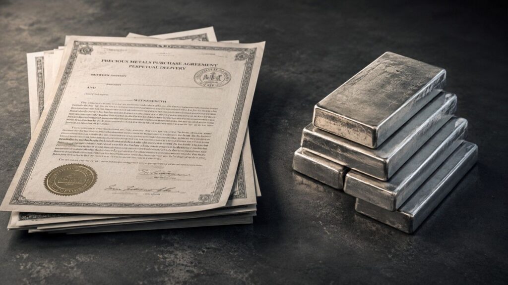A stack of precious metals purchase agreement paperwork beside a stack of silver bullion bars, illustrating the COMEX silver first notice day distinction between a paper claim on silver and physical, deliverable silver.