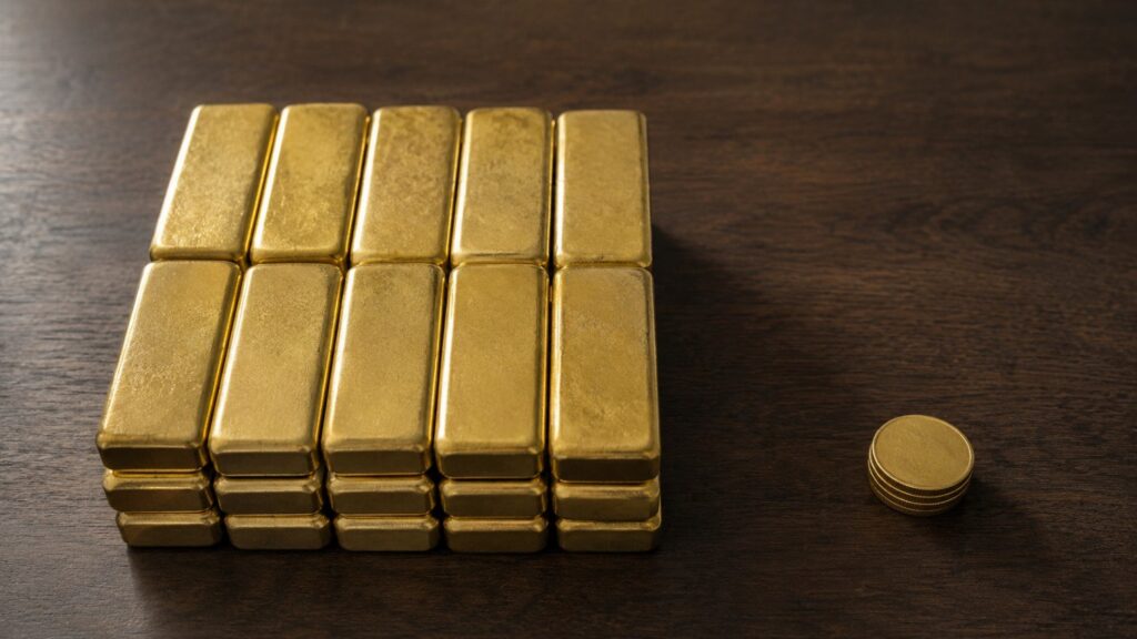 Dalio gold allocation strategy shown as a large stack of gold bars next to a small stack of coins, representing a 15% core gold position versus a smaller satellite asset