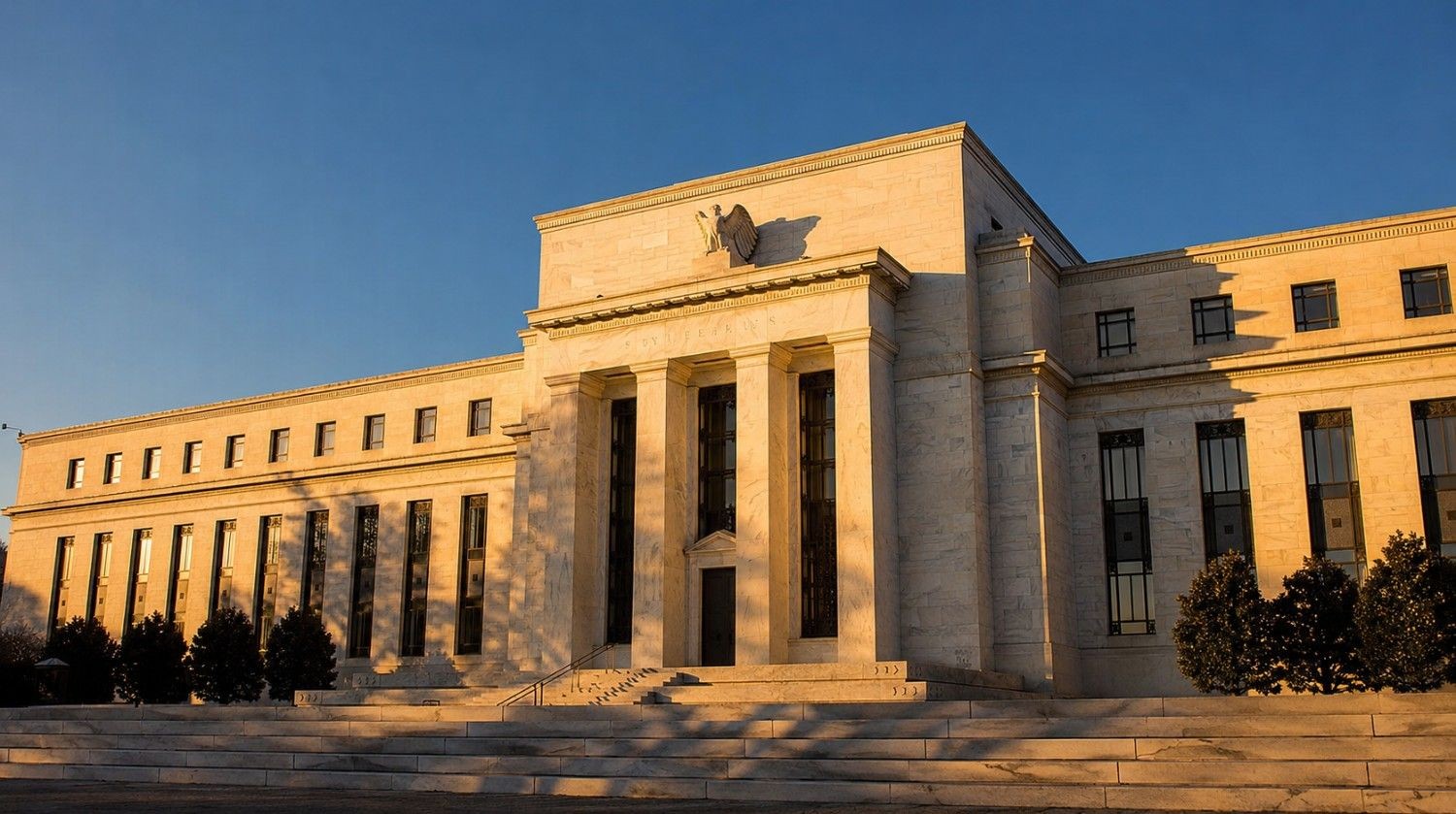Federal Reserve building at golden hour, symbolizing today's FOMC minutes gold reaction and the July 2026 rate vote.