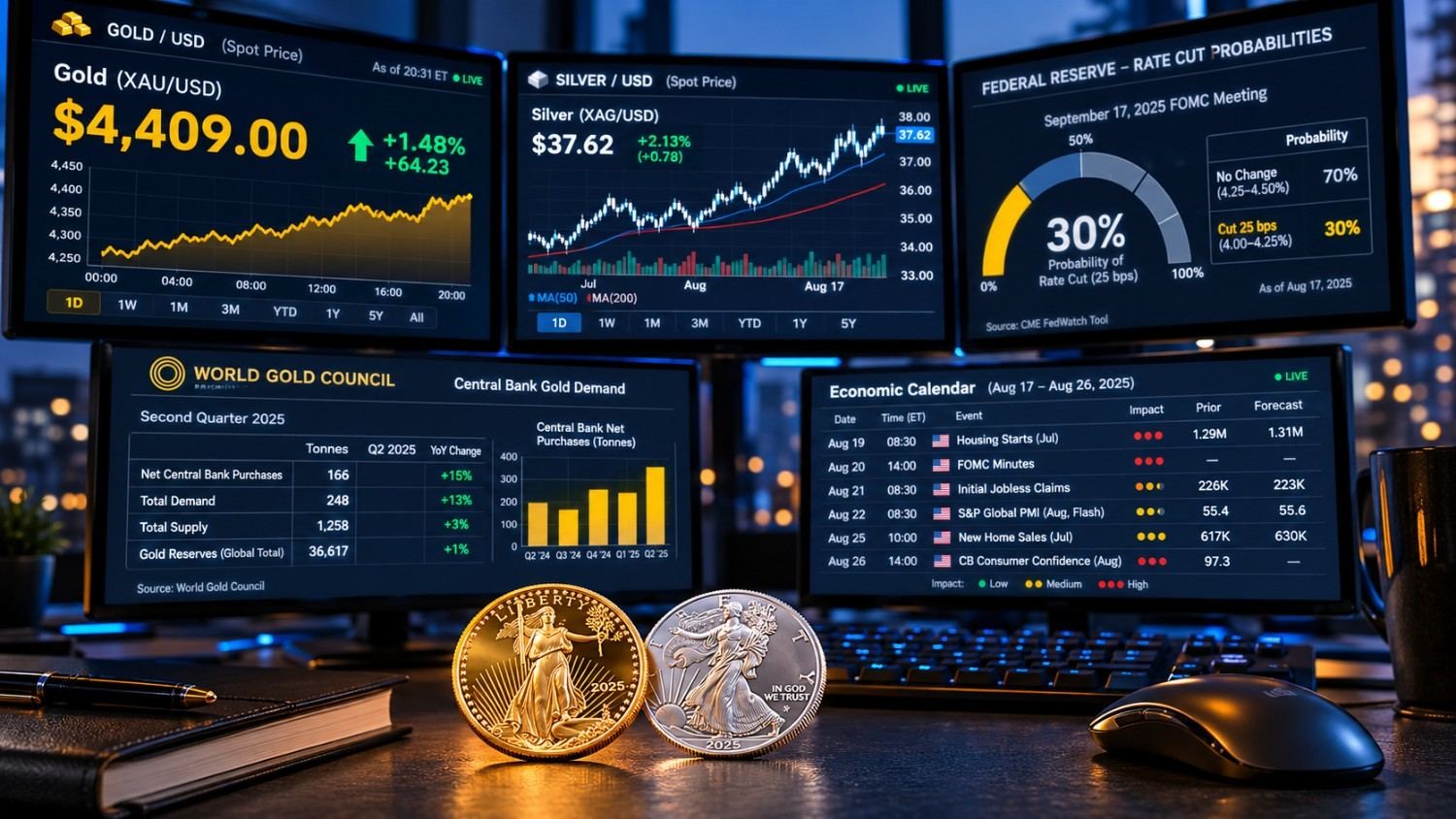 Trading desk with five monitors displaying the Fed rate hike gold price data, silver charts, CME probabilities, and WGC central bank demand figures.
