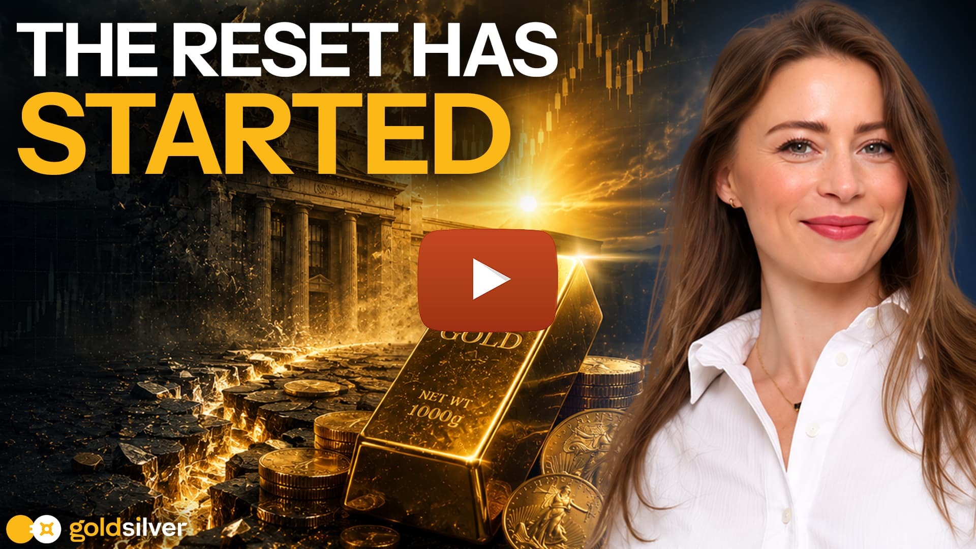 GoldSilver video thumbnail: "The Reset Has Started" — Megan King Diaz with gold bars and coins against a dramatic financial backdrop, GoldSilver logo bottom left