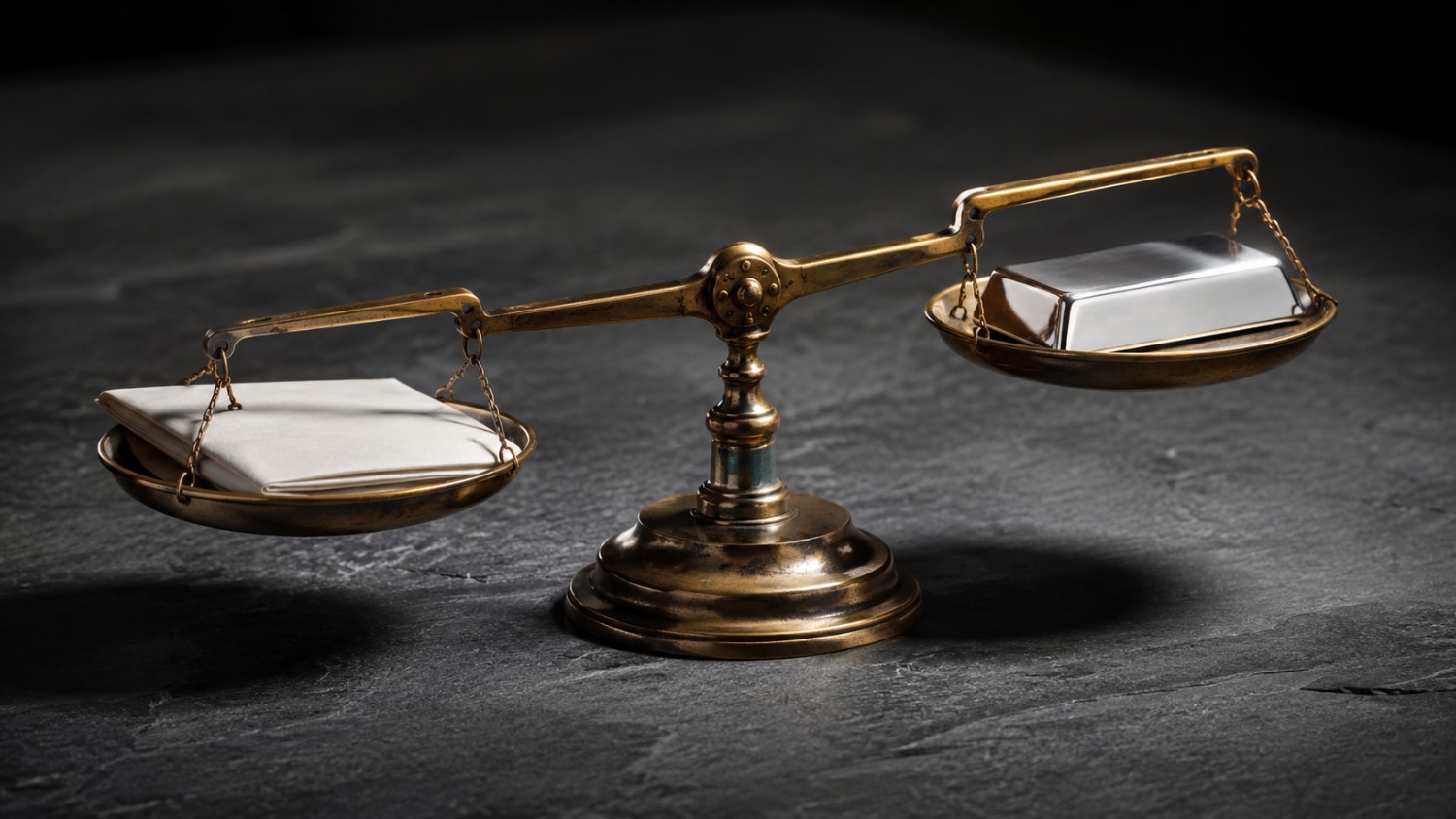 A brass balance scale on a dark slate surface, with a folded white research document on the left pan and a polished silver bar on the right pan sitting higher, illustrating how the JP Morgan silver forecast was outweighed by structural market forces.