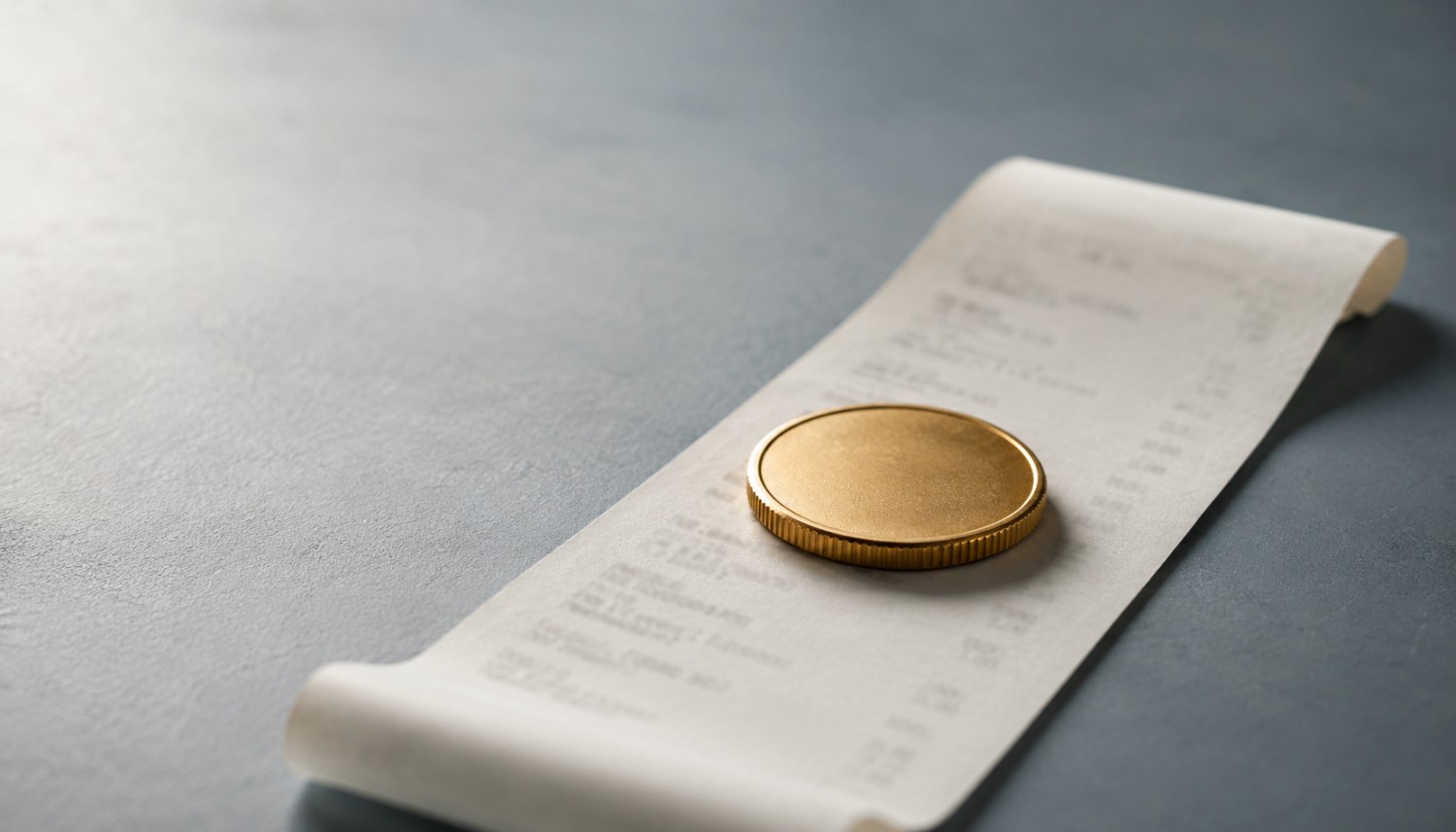A plain gold coin resting on a long grocery receipt, illustrating the July PCE inflation report's gap between what households paid and what they received.
