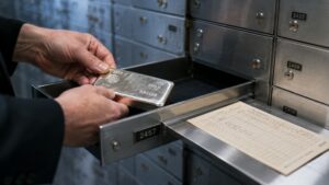 Serialized silver bar placed in a numbered vault box — allocated silver vs SLV custody