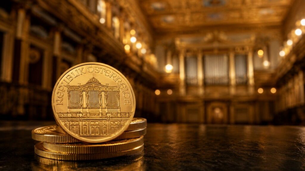 Austrian Gold Philharmonic coins stacked on a dark surface with the Musikverein Golden Hall Vienna in the background