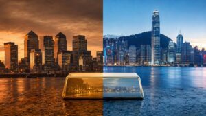 China gold reserves shift: split image showing London's Canary Wharf financial district at dusk on the left and Hong Kong's Victoria Harbour skyline at dawn on the right, connected by a gold bar at center reflecting both cities