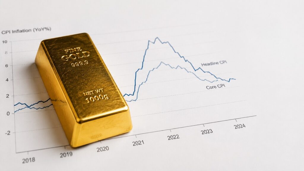 A polished gold bar labeled Fine Gold 999.9 sits on a printed chart comparing core inflation vs headline inflation, showing two diverging CPI lines measured year-over-year from 2018 through 2024