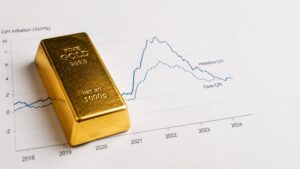 A polished gold bar labeled Fine Gold 999.9 sits on a printed chart comparing core inflation vs headline inflation, showing two diverging CPI lines measured year-over-year from 2018 through 2024