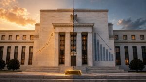 Federal Reserve Building split by a structural crack, inflation chart rising on the left and falling jobs chart on the right, gold bar at the base — fed dual mandate gold
