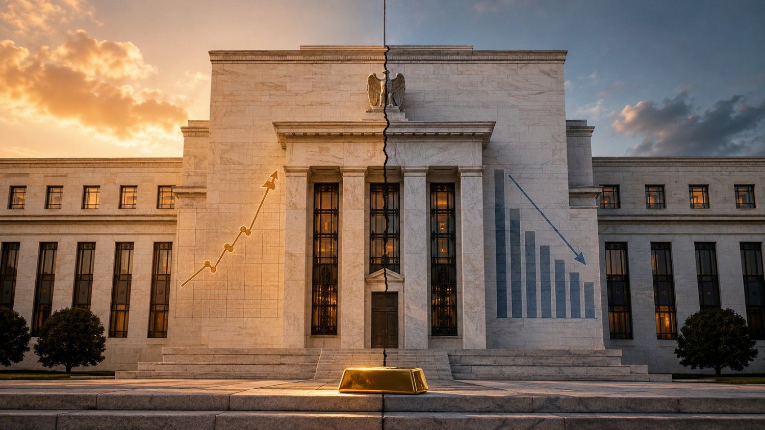 Federal Reserve Building split by a structural crack, inflation chart rising on the left and falling jobs chart on the right, gold bar at the base — fed dual mandate gold