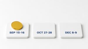 A single gold coin on the first of three tiles marked SEP 15-16, OCT 27-28 and DEC 8-9, illustrating Fed rate hike odds across 2026's remaining FOMC meetings.