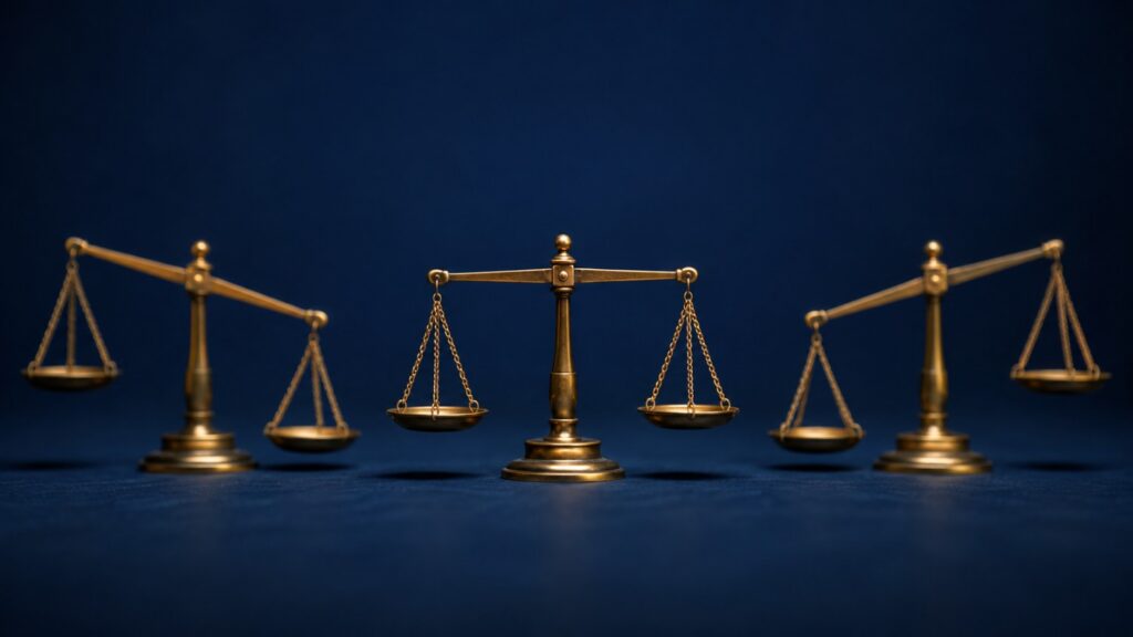 Three brass balance scales tilted at different angles, illustrating divided fed rate hike odds and their unclear signal for gold