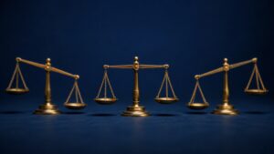 Three brass balance scales tilted at different angles, illustrating divided fed rate hike odds and their unclear signal for gold