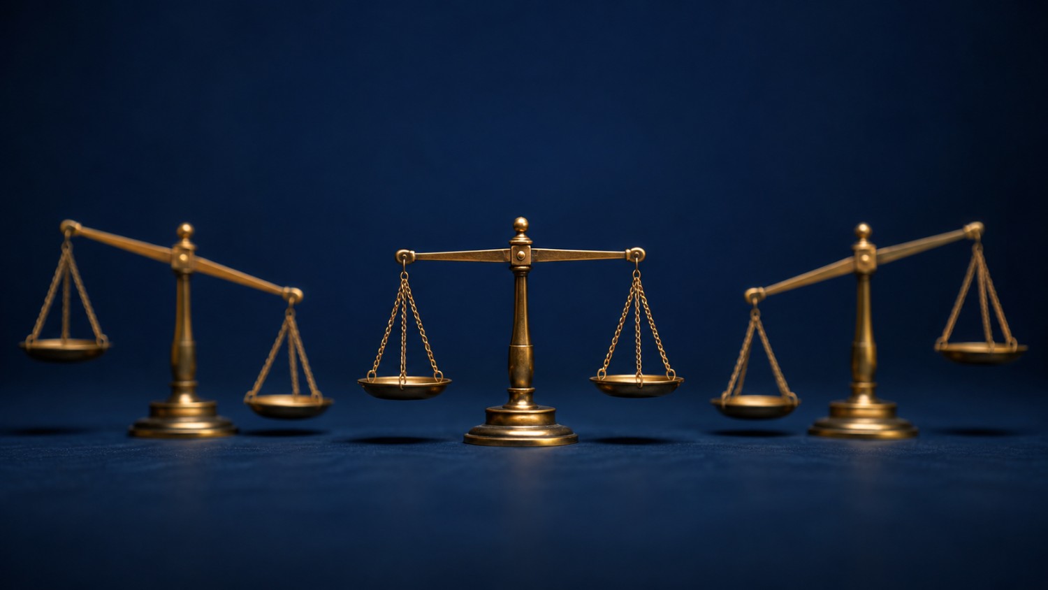 Three brass balance scales tilted at different angles, illustrating divided fed rate hike odds and their unclear signal for gold