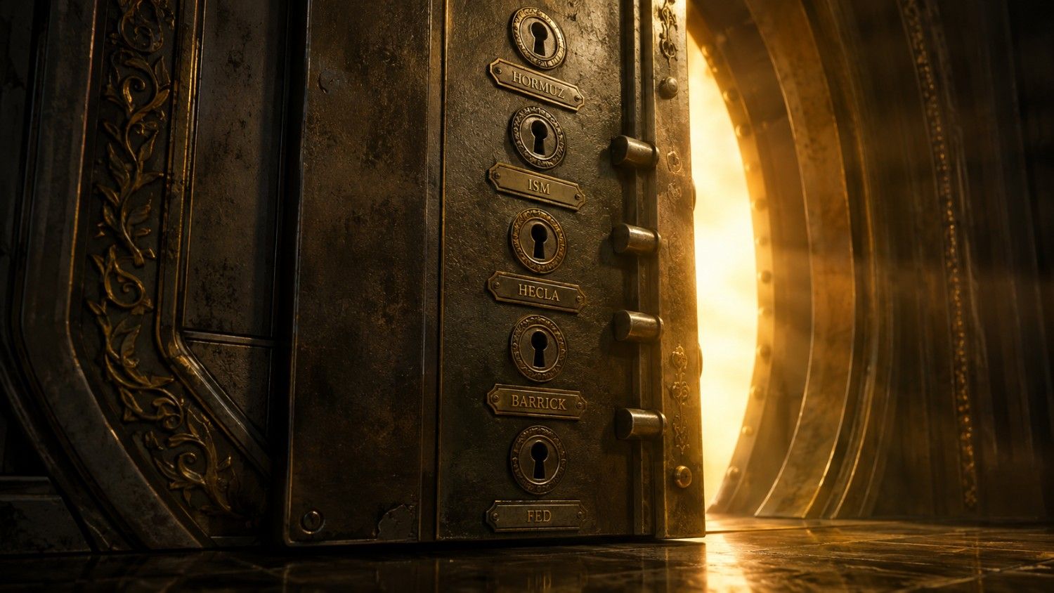 Vault door with five keyholes labeled Hormuz, ISM, Hecla, Barrick, and Fed opening to golden light — illustrating the gold September Fed hike 2026 premium unwinding across five signals.
