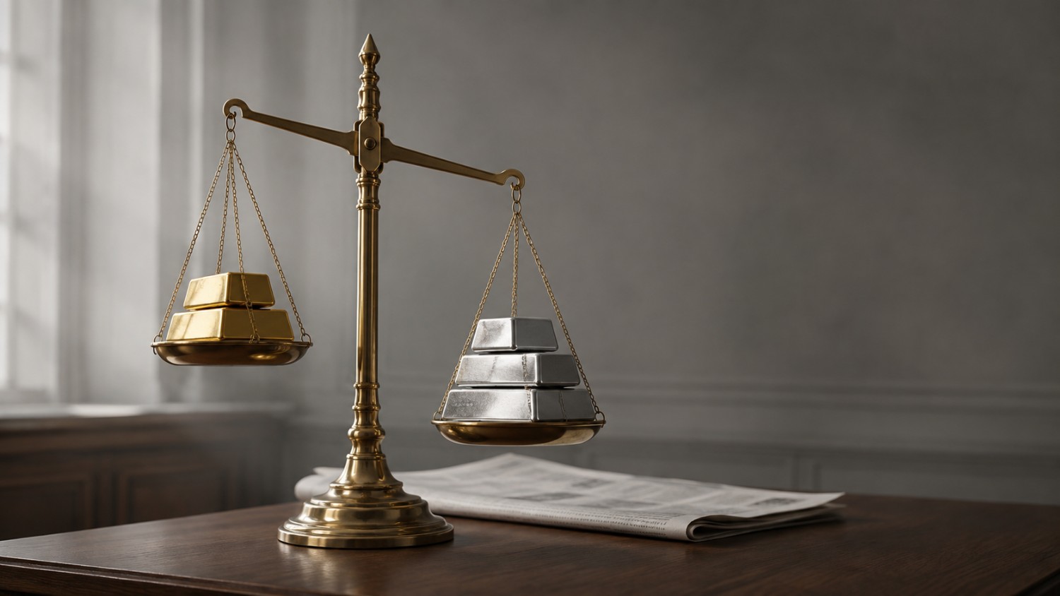 Brass balance scale weighing gold bars against a heavier stack of silver bars, illustrating the gold and silver rally on a weak dollar.