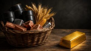 Gold bar sitting outside a commodity basket filled with oil drums, copper ingots, wheat, and corn — illustrating gold commodity index weighting