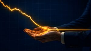 Suited hand catching a falling gold price line — institutional gold dip buying absorbs the decline
