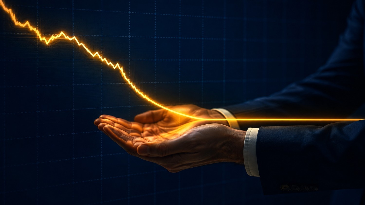 Suited hand catching a falling gold price line — institutional gold dip buying absorbs the decline