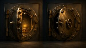 Split image of two matching bank vault doors — one open revealing stacked gold bars inside, the other closed — illustrating why some retirement accounts can hold gold in your 401k and others still can't