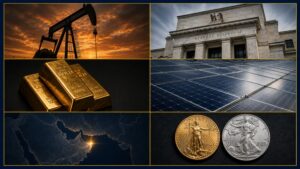 Gold price and FOMC minutes Jackson Hole: oil pump jack, Federal Reserve building, gold bullion bars, silver solar panels, Middle East map with Strait of Hormuz, and gold and silver coins