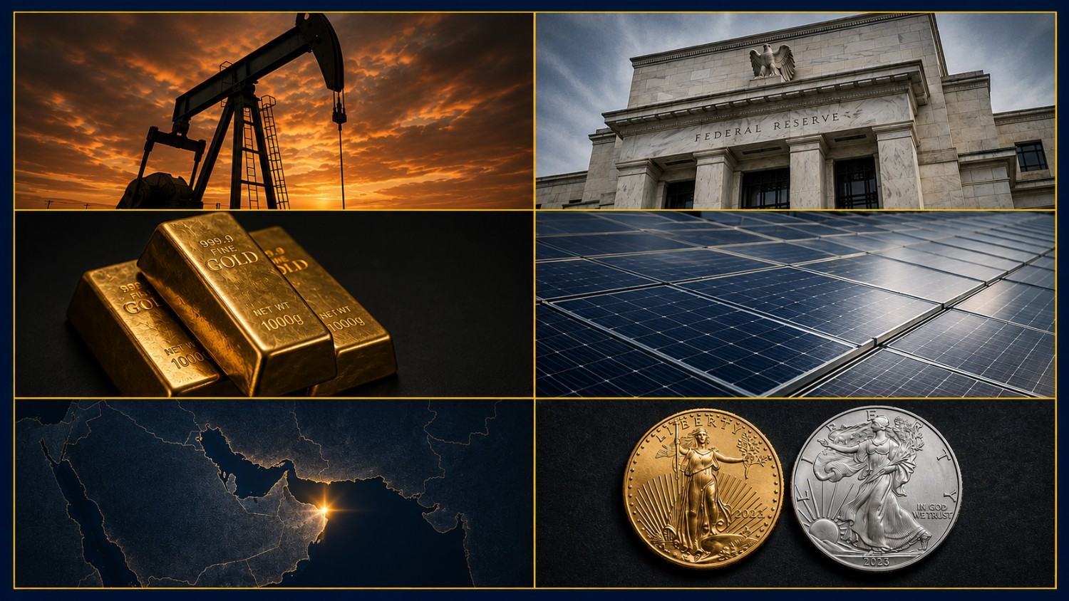 Gold price and FOMC minutes Jackson Hole: oil pump jack, Federal Reserve building, gold bullion bars, silver solar panels, Middle East map with Strait of Hormuz, and gold and silver coins