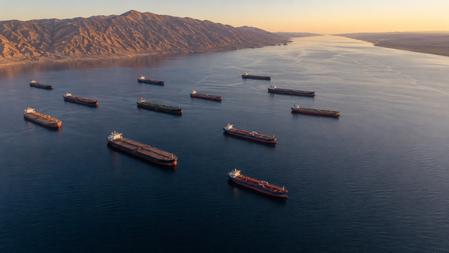 Crude oil supertankers anchored and stationary in the Strait of Hormuz at dawn as gold price holds near $4,400 despite zero tanker transits