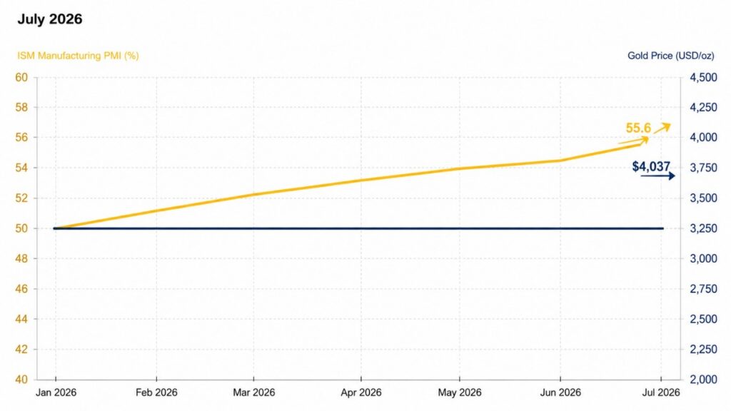 ISM Manufacturing PMI vs gold price chart January to July 2026 showing gold price ISM manufacturing 2026 divergence as PMI rises to 55.6 while gold holds flat near $4,037
