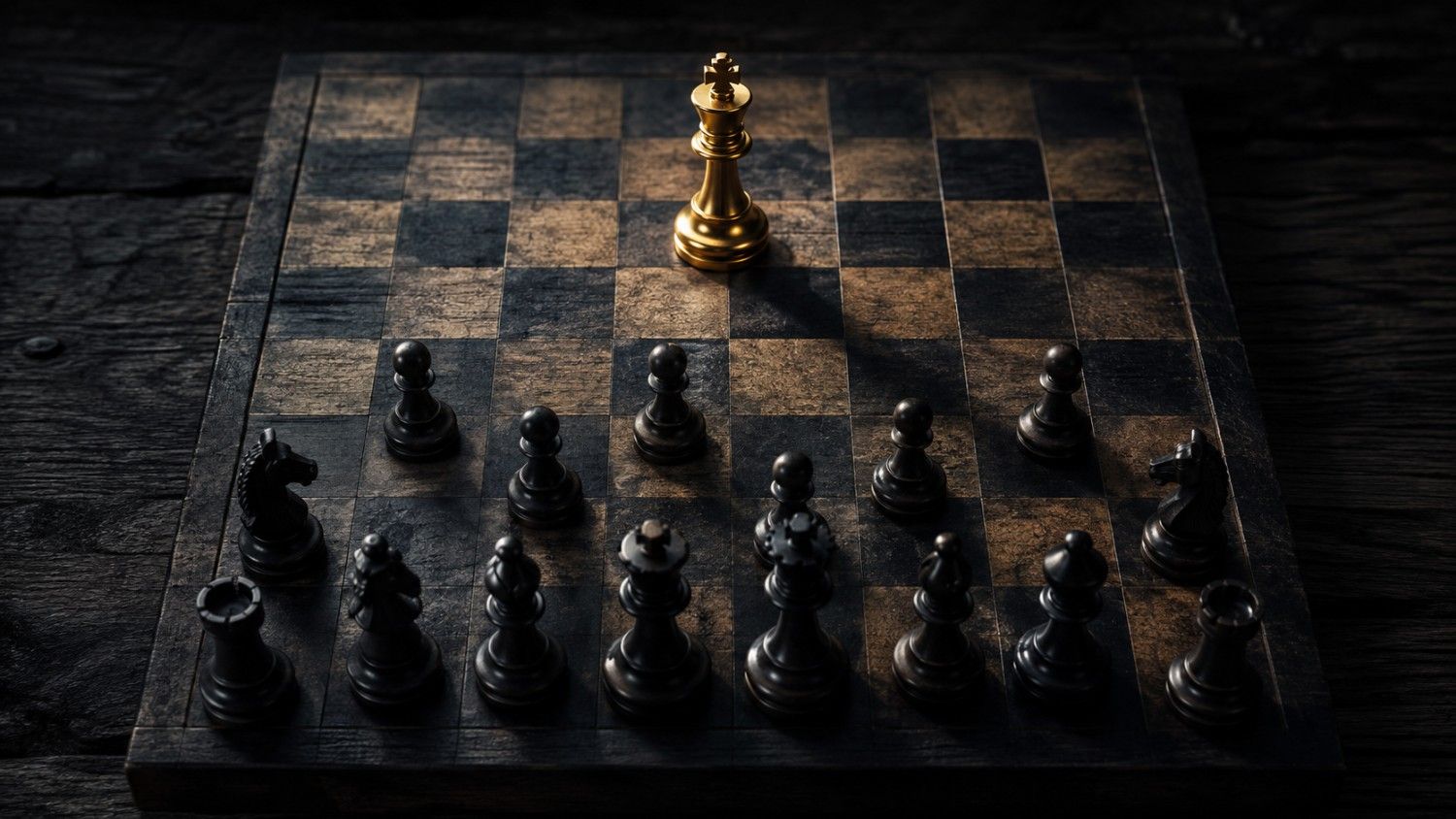 Gold king chess piece stands alone facing dark opposing pieces on a weathered board — gold price Iran deal stalemate