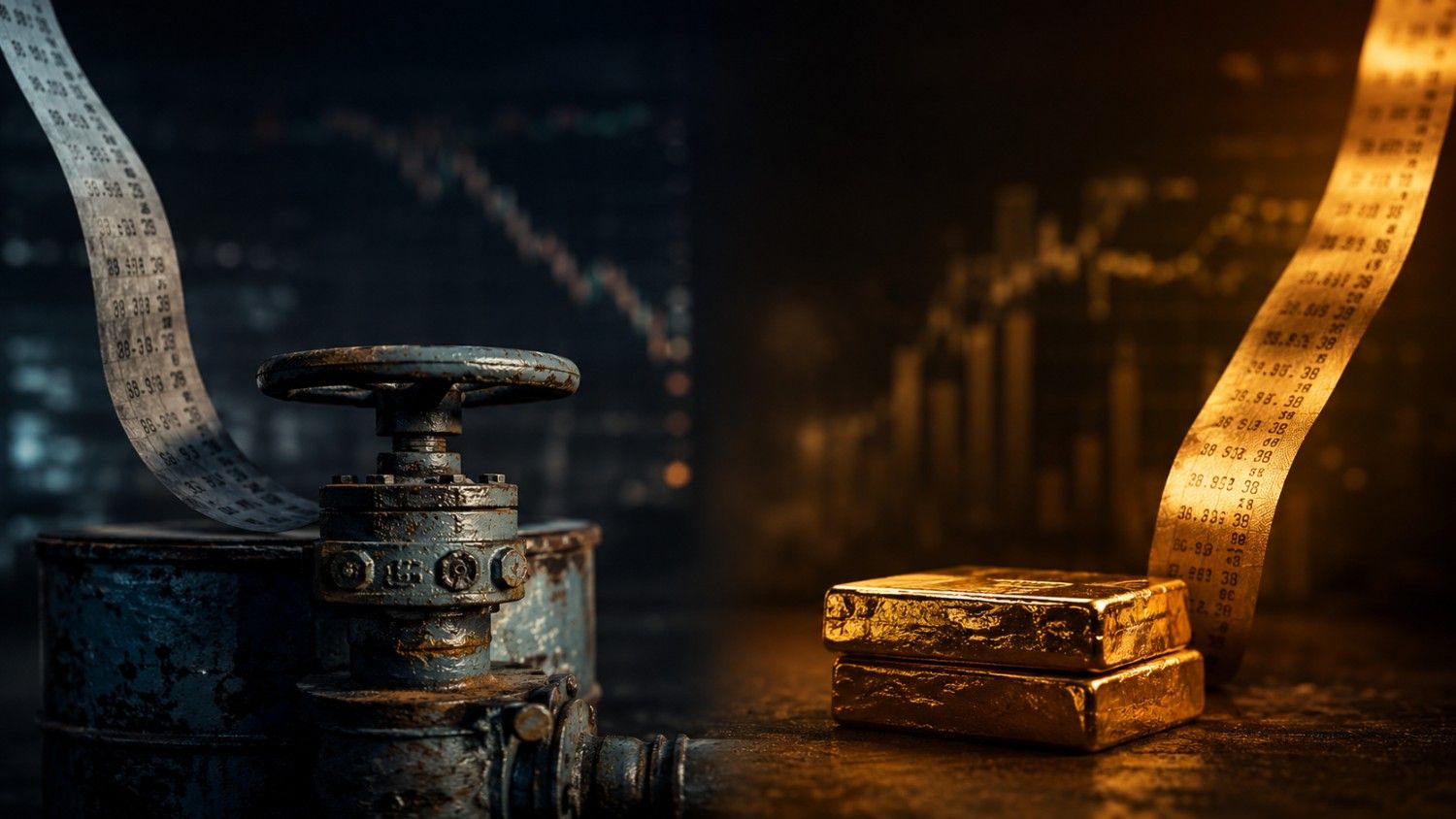 Oil pipeline valve with falling ticker tape beside stacked gold bars with rising ticker tape, illustrating the gold price Iran oil inverse relationship as Brent crude falls and gold rises.
