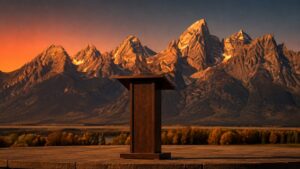 Empty wooden lectern against the Grand Teton mountain range at golden hour sunset — gold price Jackson Hole Warsh 2026