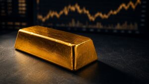 Gold bar resting on a dark surface with a blurred financial chart in the background, illustrating the gold price NFP CPI market setup for the week of August 10, 2026