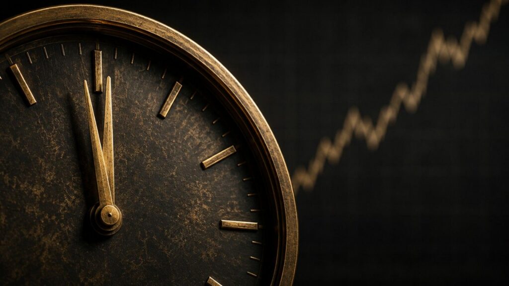 A brass analog clock frozen just before midnight with a rising gold price chart line visible in the background — gold price NFP jobs report analysis for August 6, 2026.