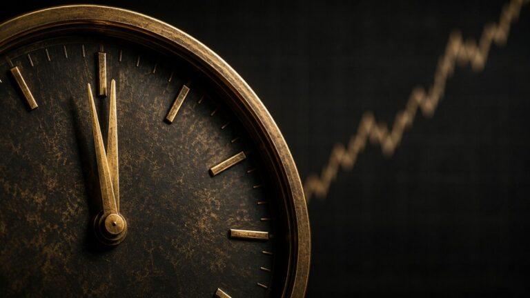 A brass analog clock frozen just before midnight with a rising gold price chart line visible in the background — gold price NFP jobs report analysis for August 6, 2026.