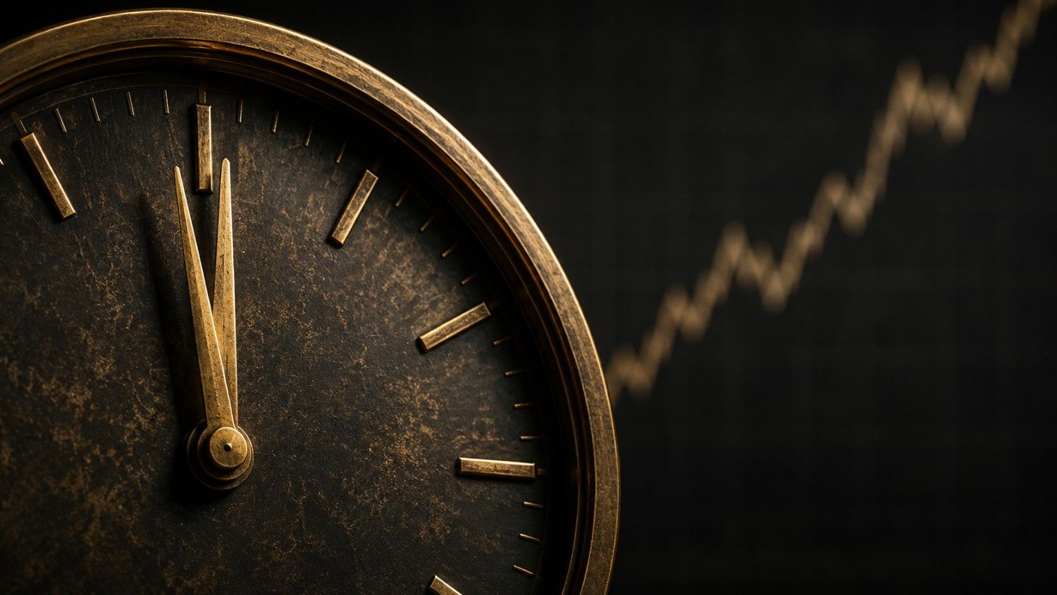 A brass analog clock frozen just before midnight with a rising gold price chart line visible in the background — gold price NFP jobs report analysis for August 6, 2026.