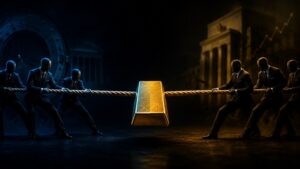 Two teams in suits pull a gold bar in a tug of war — the structural bull case versus the gold price September Fed hike 2026 ceiling.