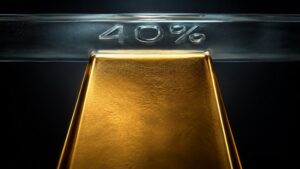 Gold bar pressing against a glass ceiling etched with "40%" — representing the CME FedWatch September rate hike probability keeping the gold price below $4,500