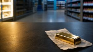 Gold bar resting on a crumpled supermarket receipt on a checkout counter, with a blurred retail store aisle in the background — illustrating how falling consumer sentiment and rising inflation expectations are driving gold prices higher in August 2026.