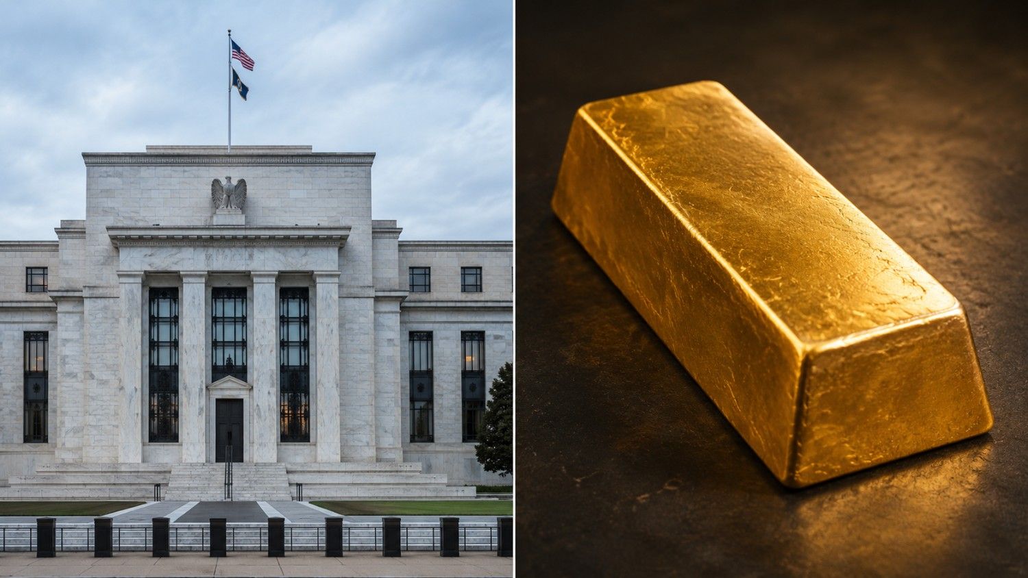 Gold price and CPI week: Federal Reserve building alongside a physical gold bar