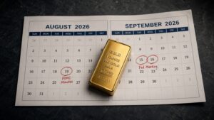 Gold bar resting on a calendar showing FOMC Minutes circled on August 19 and Fed Meeting marked on September 15-16 — gold price FOMC minutes outlook for August 2026