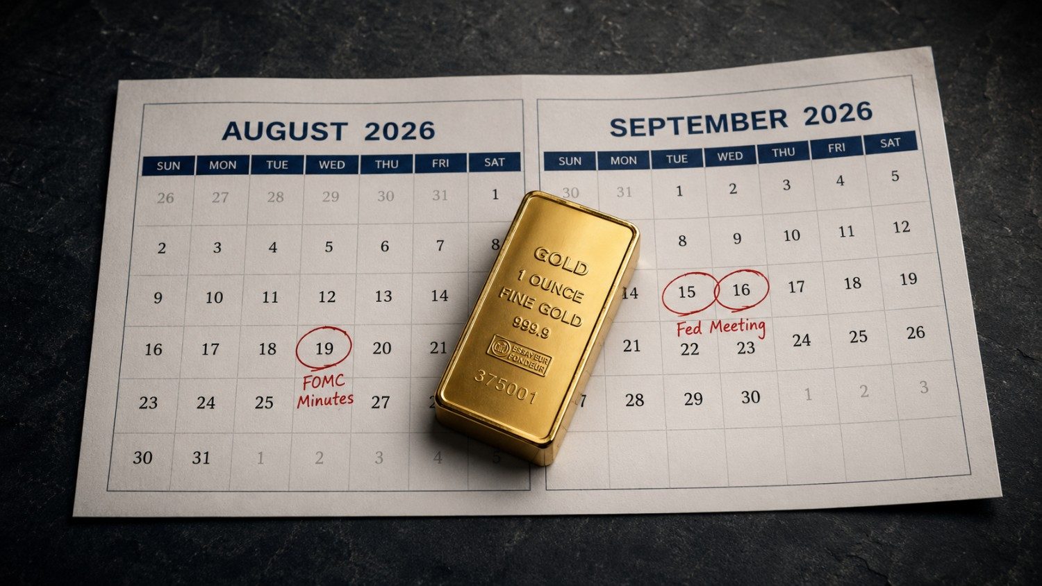 Gold bar resting on a calendar showing FOMC Minutes circled on August 19 and Fed Meeting marked on September 15-16 — gold price FOMC minutes outlook for August 2026