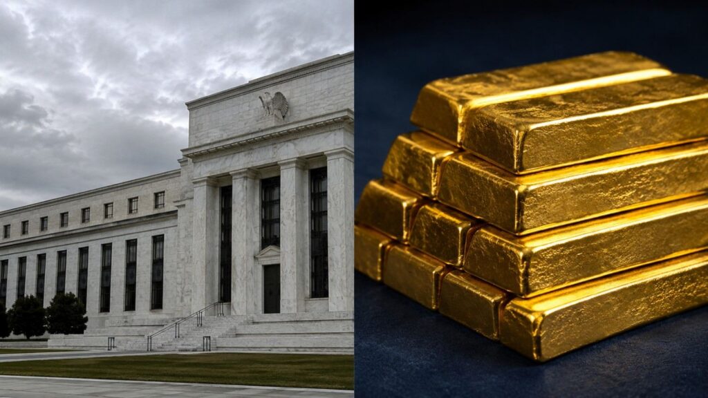 Gold price today: Federal Reserve building alongside stacked gold bullion bars as September rate-hike odds shift