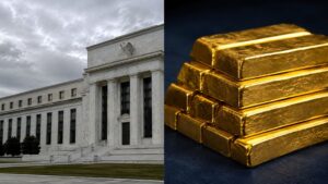 Gold price today: Federal Reserve building alongside stacked gold bullion bars as September rate-hike odds shift