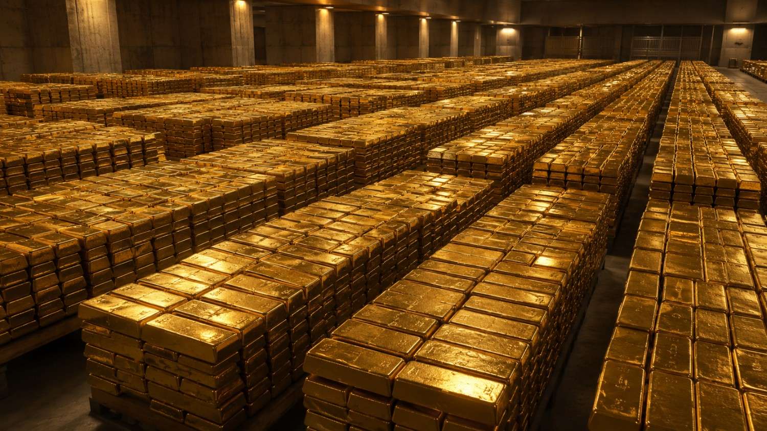 Gold bars stacked in rows inside an institutional vault, representing central bank gold reserves and the five forces driving the gold price and silver rally higher today.